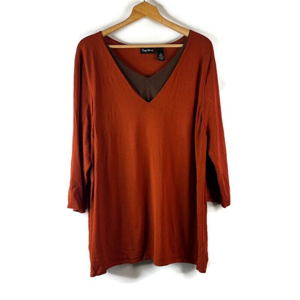 Maggie Barnes Womens Tunic Shirt Blouse Top Size 2X Orange V-Neck 3/4 Sleeve